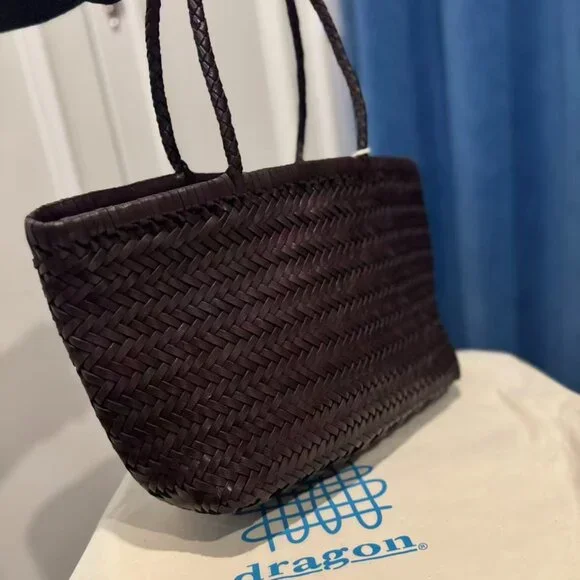 Dragon Diffusion Triple Jump Small Woven Leather Tote Dark Brown Basket Bag - Picture 4 of 11